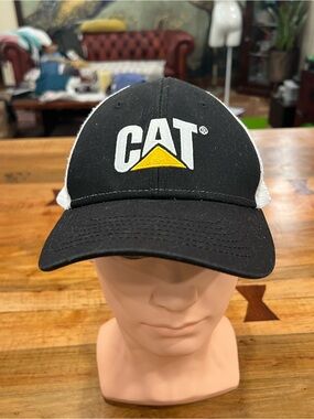 CAT Logo Black and White Mesh Trucker Cap with Yellow Accent